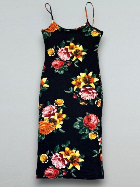 Heart Hips Dresses & Skirts - Floral Midi Bodycon Dress Black Sleeveless Spaghetti Strap Back Slit Stretch S